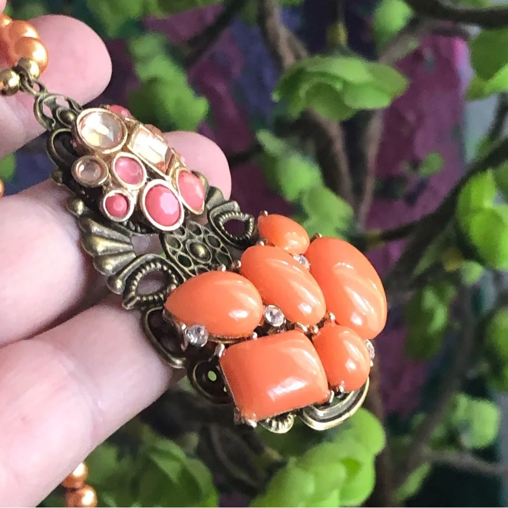 Handcrafted repurpose stone covered filigree pendant Czech glass Pearl necklace